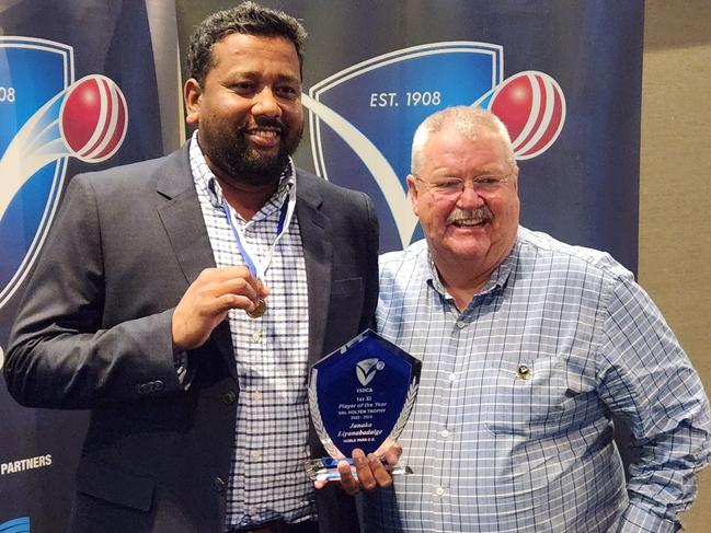 Janaka Liyanabadalge with Noble Park president Craig Ortland.