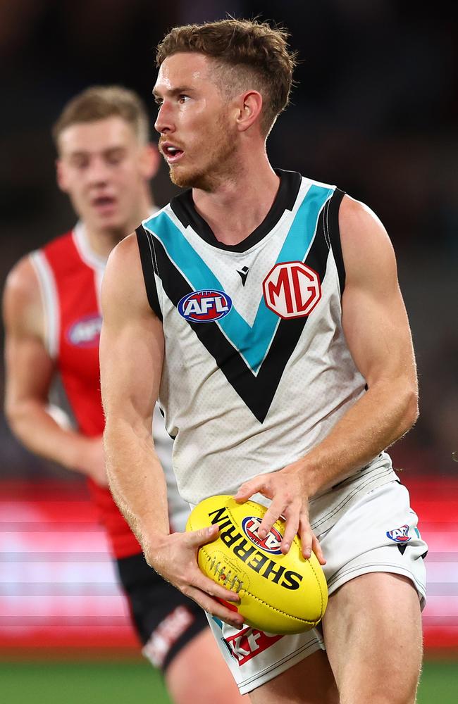 Kane Farrell was one of many Power players who turned the ball over on Sunday. Picture: Graham Denholm/AFL Photos/via Getty Images.