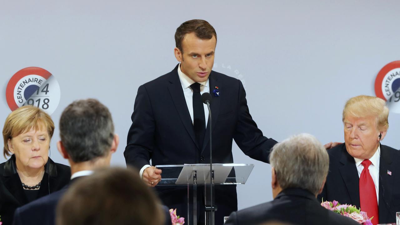 French President Emmanuel Macron had a dig at Donald Trump’s “nationalism” leanings. Picture: AP