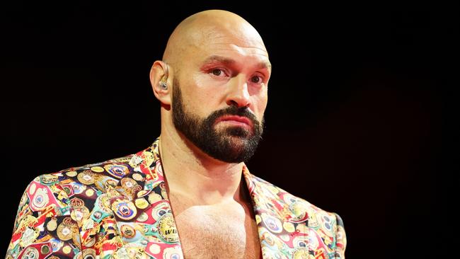 RIYADH, SAUDI ARABIA - MARCH 08: Tyson Fury looks as he is interviewed by DAZN on the Knockout Chaos boxing card at the Kingdom Arena on March 08, 2024 in Riyadh, Saudi Arabia. (Photo by Richard Pelham/Getty Images)