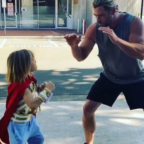 Chris Hemsworth boxes with his kid dressed as Thor. Picture: Instagram