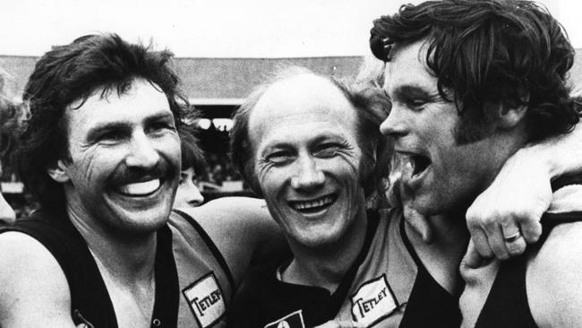 Mick Malthouse, Kevin Bartlett and Francis Bourke after winning 1980 premiership.