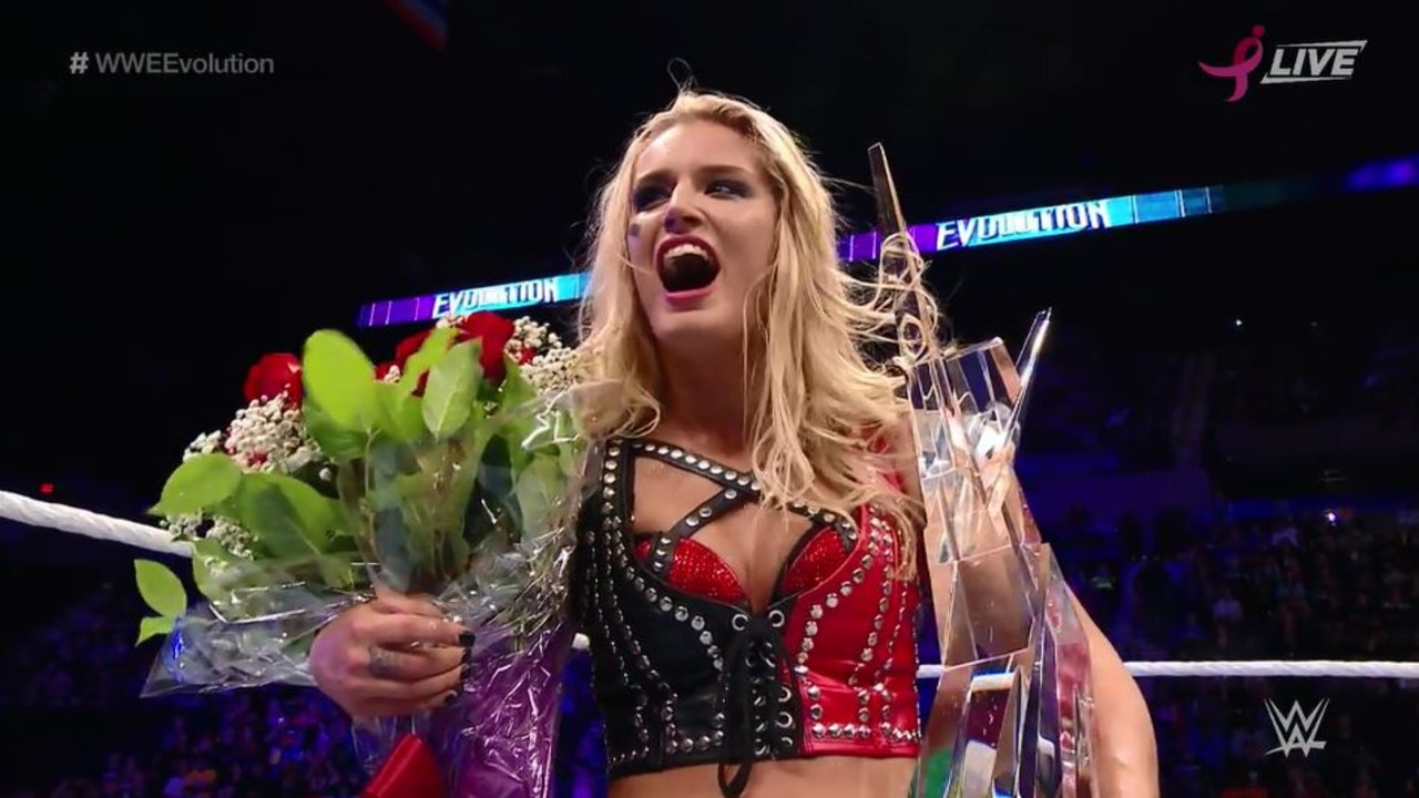 Toni Storm reacts after winning the 2018 Mae Young Classic. Screenshot via WWE Network.