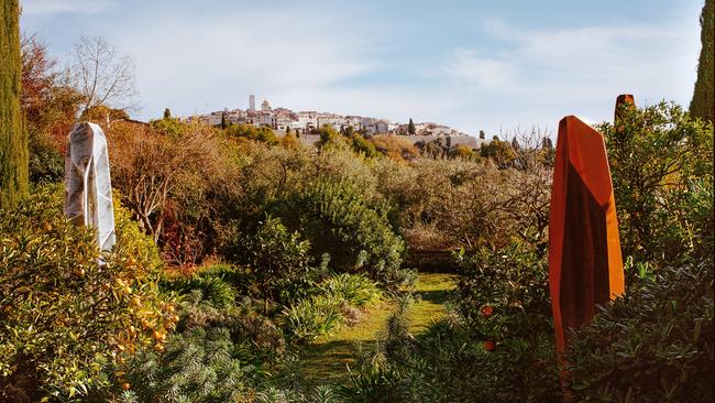 Arik Levy’s Crater Stone 276 Marble (2021), and Rock Totem 172 Corten (2021) at his sculpture park. Picture: Matthieu Salvaing