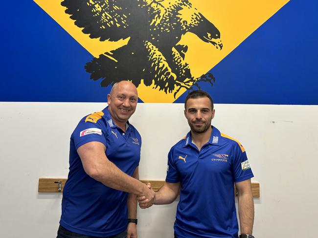 Departing Cranbourne coach (L) with new Eagles mentor Angelo Soldatos. Picture: Tyler Lewis