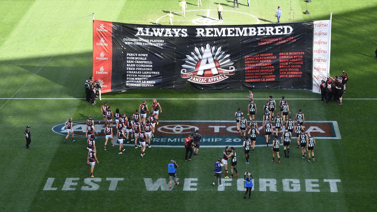 Essendon and Collingwood play in the annual Anzac Day game. (AAP Image/Julian Smith)