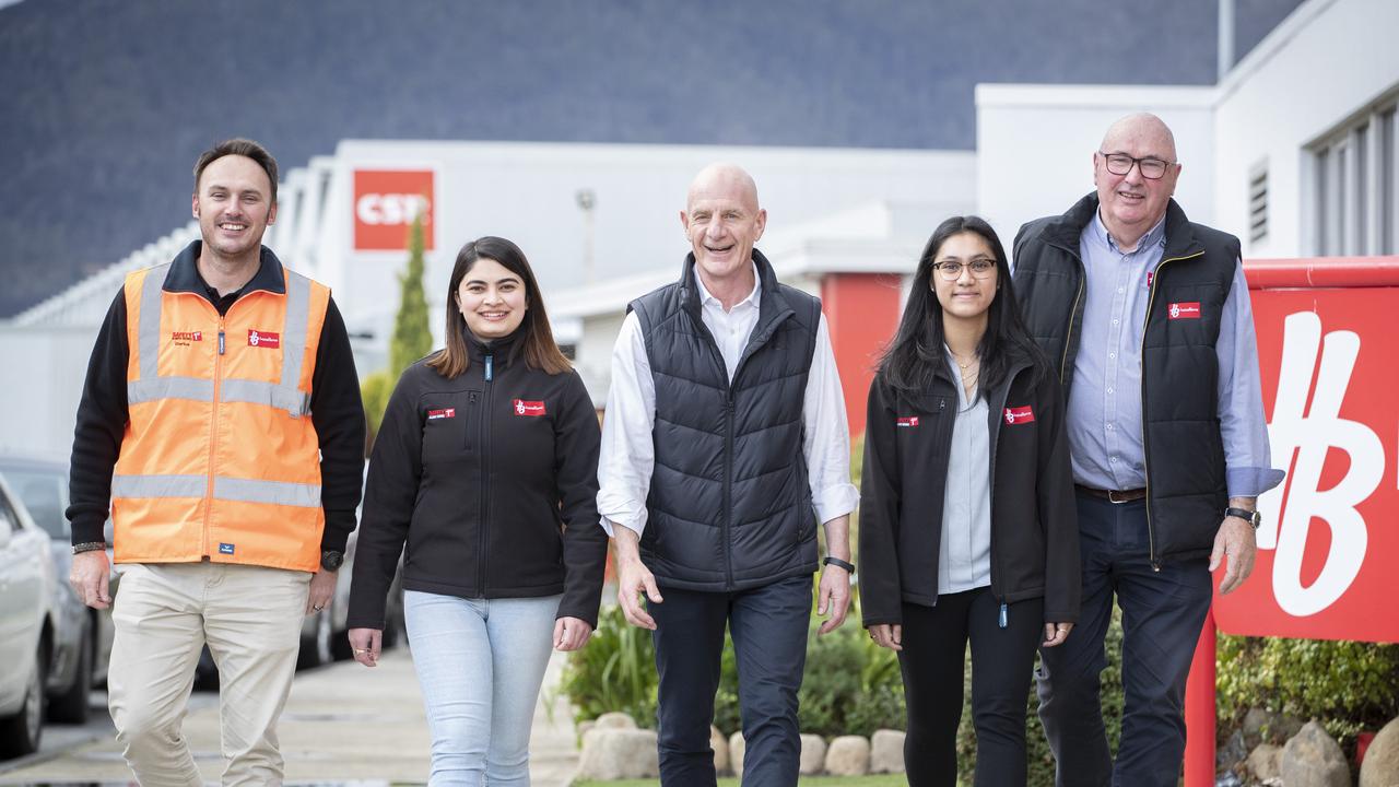 Hazel Bros. estimator Darius Strydom, information analyst Ranjana Ghimire, MRC Tas Chair Peter Gutwein, assistant accountant May Aung and managing director Geoffrey Hazell at Glenorchy. Picture: Chris Kidd