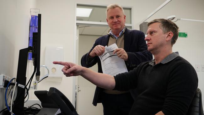 Regan Dransfield (L) and Premier Jeremy Rockliff at the announcement of the implementation of the eReferral system on June 26, 2023.