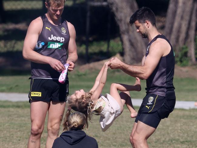 It’s all fun and games at Tigers training these days. Picture: Michael Klein.