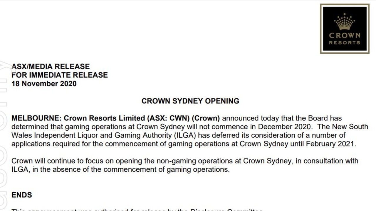 Crown announced to the ASX on Wednesday it wouldn't open on schedule, less than 24 hours after its lawyers submitted information that showed it probably allowed money laundering to happen.