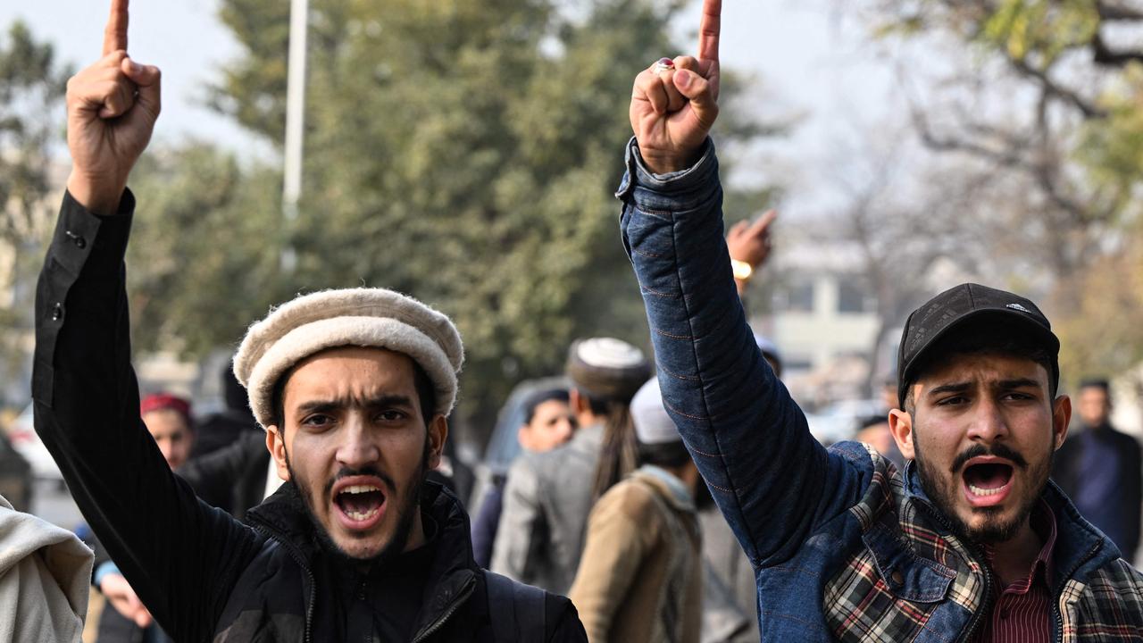 Youth activists of Muslim Talba Mahaz shout slogans during a protest against Iranian air strike, in Islamabad on January 18, 2024. Pakistan recalled its ambassador from Iran on January 17 and blocked Tehran's envoy from returning to Islamabad after an Iranian air strike killed two children in the west of the country. Picture: AFP