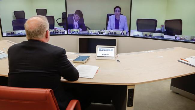 Scott Morrison talks to Queensland Premier Annastacia Palaszczuk during a National Cabinet meeting. Picture: Getty Images