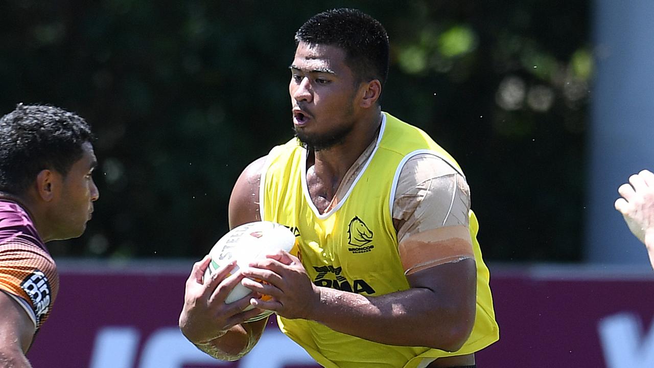 Brisbane Broncos rookie Payne Haas (centre) is seen during training in Brisbane.