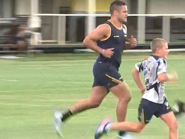 Brad Arthur’s son accelerates past Jarryd Hayne. Picture: Foxsports