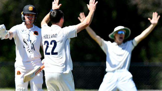 Ian Holland of Ringwood appeals unsuccessfully for the wicket of Jonathan Merlo of St Kilda during the Victorian Premier Cricket match between Ringwood and St Kilda at Jubilee Park, on October 26, 2024, in Melbourne, Australia. (Photo by Josh Chadwick)