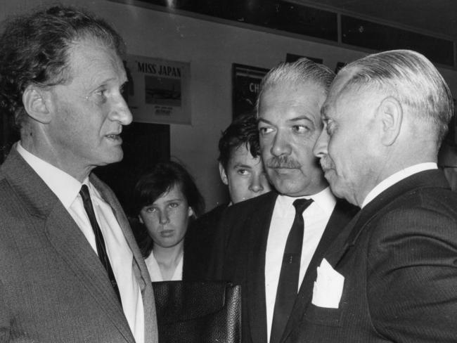 The Beaumont children, Jane, 9, Arnna, 7, and Grant, 4, disappeared from Glenelg, SA, on 26 Jan 1966, and Dutch clairvoyant Gerard Croiset was brought to Adelaide to help find them. Gerard Croiset on arrival at Adelaide Airport, 08 Nov 1966, pictured with the sponsor of trip Con Polites and an unnamed doctor, possibily Dr D. B. Hendrickson.