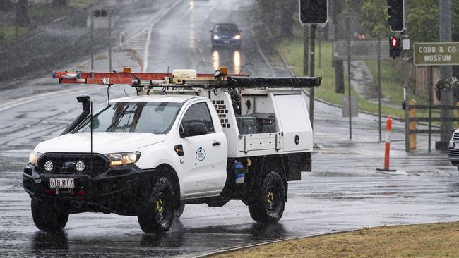 An Ergon Energy crew checking lines in Toowoomba in the aftermath of TC Alfred, Sunday, March 9, 2025. Picture: Kevin Farmer