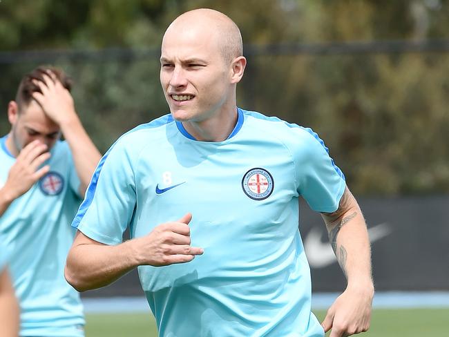 City star Aaron Mooy was pulled from the clash against Sydney just before kick-off. Picture: Nicole Garmston