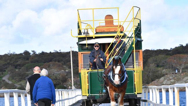 A horse drawn tram on the causeway at Victor Harbor. Picture: Keryn Stevens.