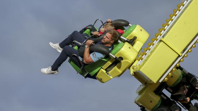 NSW Blues player Jack de Belin testing the rides at Luna Park. These rides are under threat after a recent decision. Picture: Wayne Taylor