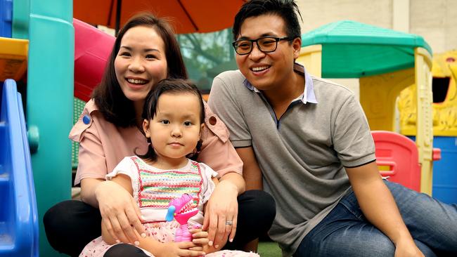 Australian girl Annabelle Nguyen with her father Henry and mother Sandy in Monterrey Mexico. Picture: Nathan Edwards