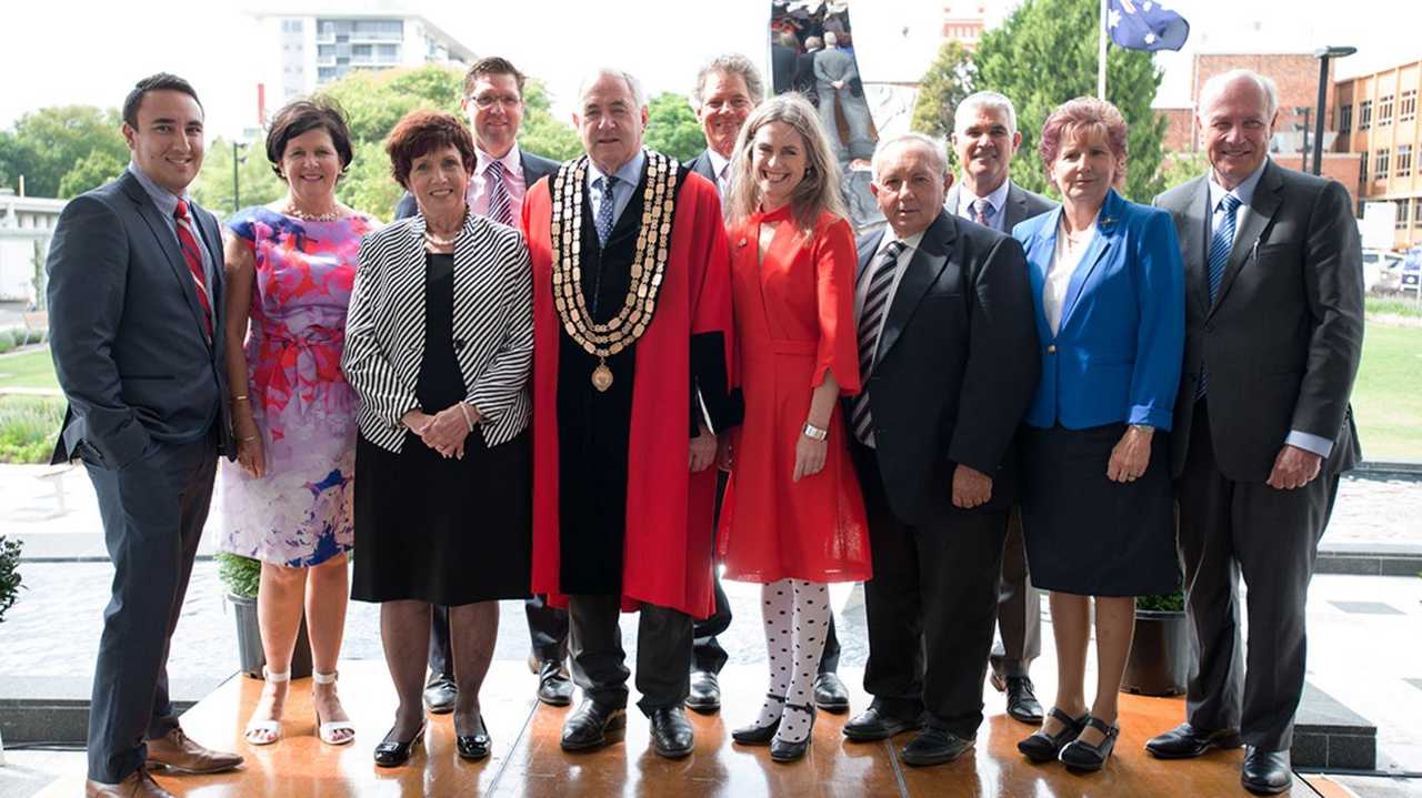  Cr James O’Shea (left), Cr Nancy Sommerfield, new TRC Deputy Mayor Cr Carol Taylor, Cr Geoff McDonald, Mayor Paul Antonio, Cr Mike Williams, Cr Megan O’Hara Sullivan, Cr Joe Ramia, Cr Bill Cahill, Cr Anne Glasheen and Cr Chris Tait at today’s Declaration of Office ceremony at the Toowoomba City Library forecourt.