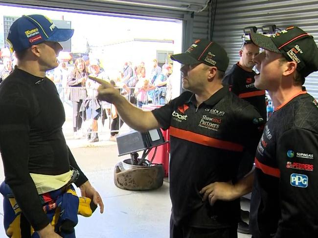 Mark Winterbottom (left) argues with Erebus Motorsport team boss Barry Ryan (middle) and driver Will Brown (right) last season Photo: Fox Sports.