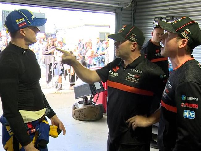 Mark Winterbottom (left) argues with Erebus Motorsport team boss Barry Ryan (middle) and driver Will Brown (right) last season Photo: Fox Sports.