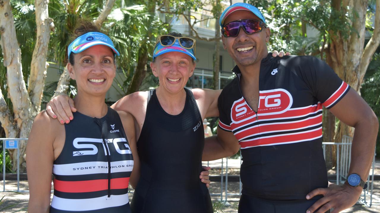 Nicola Ellis with Deb and Clint Adams at the Garmin Noosa Triathlon on October 30, 2022. Picture: Sam Turner