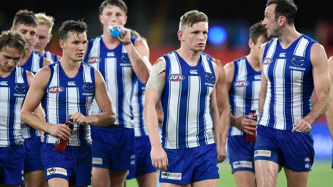 GOLD COAST, AUSTRALIA - MARCH 27: Jack Ziebell of the Kangaroos looks dejected during the round 2 AFL match between the Gold Coast Suns and the North Melbourne Kangaroos at Metricon Stadium on March 27, 2021 in Gold Coast, Australia. (Photo by Matt Roberts/AFL Photos/via Getty Images)