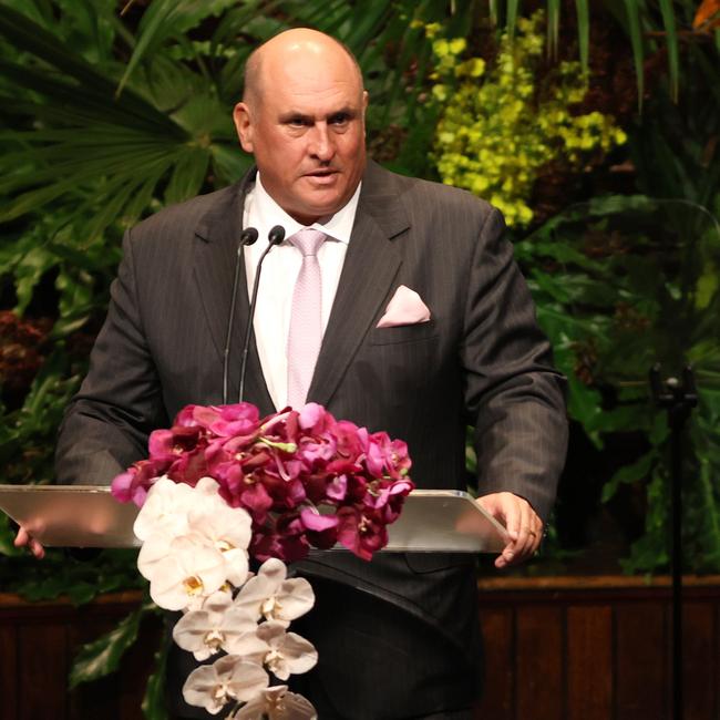 Blake Walker speaking at the memorial service for his father Lang Walker. Picture: Damian Shaw