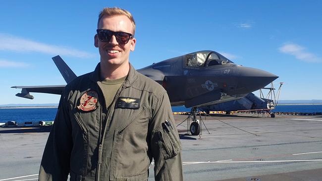 US Marine Corps F35B Joint strike fighter pilot, Captain Erik Carlson, call sign ‘Sister’ on the USS America on Tuesday. Picture: Jodie Munro O'Brien