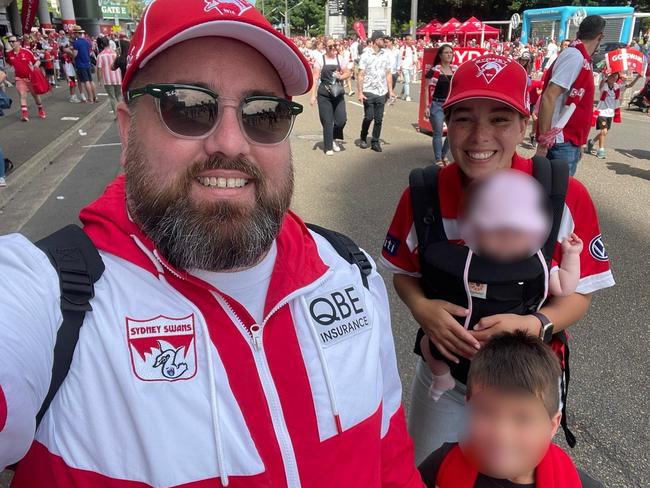 Twitter user @brendenfingers and his family at thw Swans Round 2, 2023 clash against Hawthorn at the Sydney Cricket Ground.