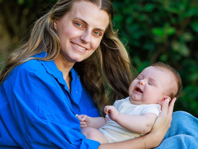 Daily Telegraph. 07, March, 2025.(See story  immunotherapy BLINCYTO)Bianca Edwards, with her 11 week old son Eddie Edwards, at home in Rose Bay, today. Picture: Justin Lloyd.