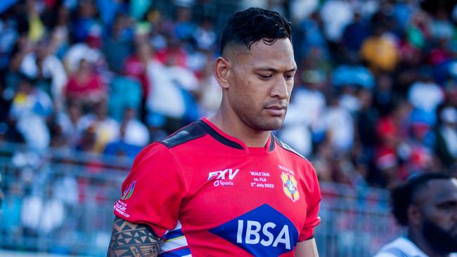 SUVA, FIJI - JULY 02: Israel Folau During of Tonga against Flying Fijian  during the World Rugby Pacific Nations 2022 match between Fiji and Tonga at HFC Stadium on July 2, 2022 in Suva, Fiji. (Photo by Pita Simpson/Getty Images)