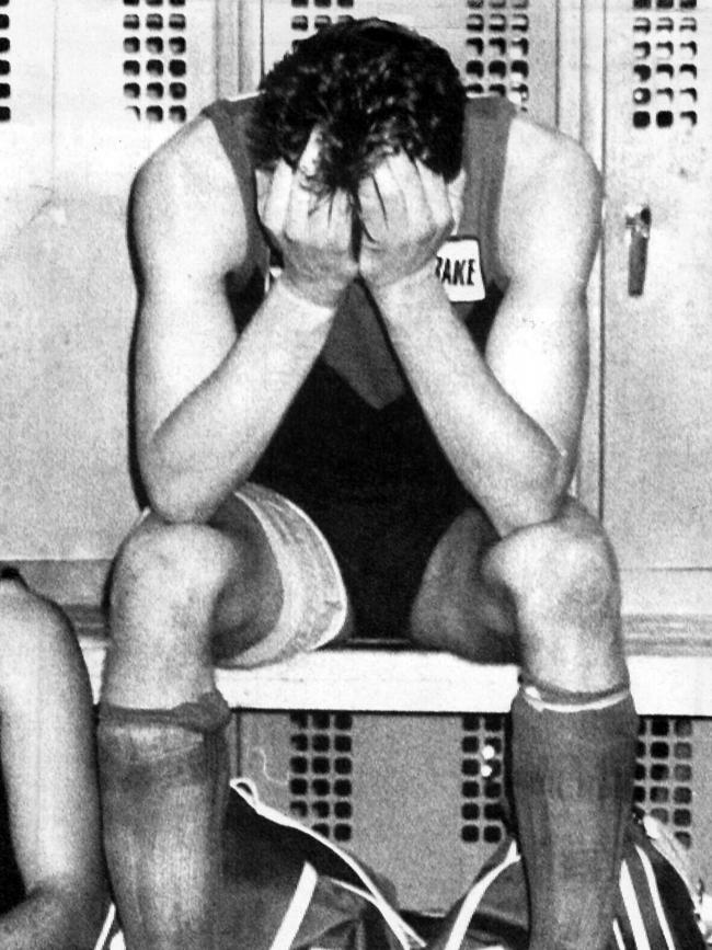 Jim Stynes, pictured after the Dees’ loss to the Hawks in the 1987 preliminary final, is one of several former Melbourne players to die prematurely.