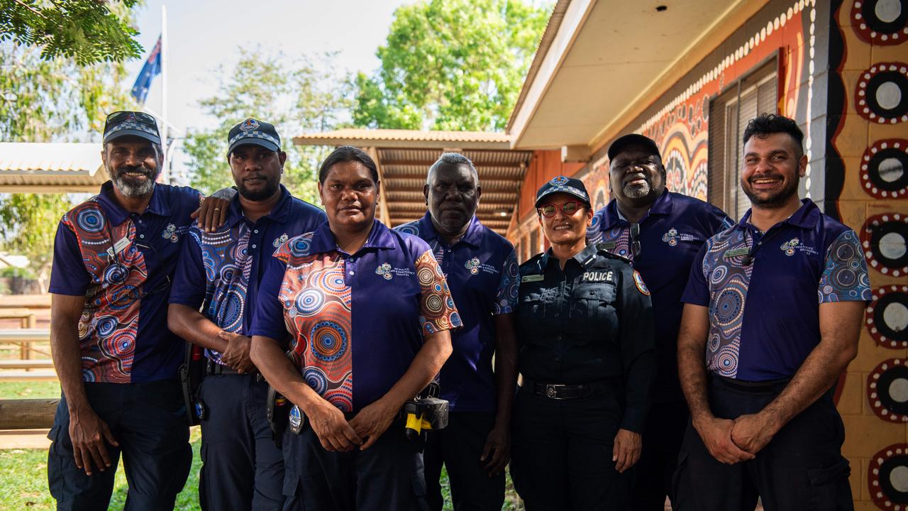 Aboriginal Liaison Officers in Wadeye: Jason Chisholm, Tyrus Wunugmurra, Farrah Flowers, Greg Munar, Acting Superintendent – Central Division Erica Gibson, Billy Williams and Ethan Woods-Alum. Picture: Pema Tamang Pakhrin