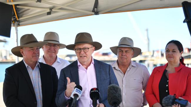 Queensland Minister for Resources and Critical Minerals, Scott Stewart, Member for Mundinburra Les Walker, Prime Minister Anthony Albanese, Member for Thuringowa Aaron Harper, and Herbert Labor candidate Edwina Andrew and at Townsville Port. Picture: Evan Morgan