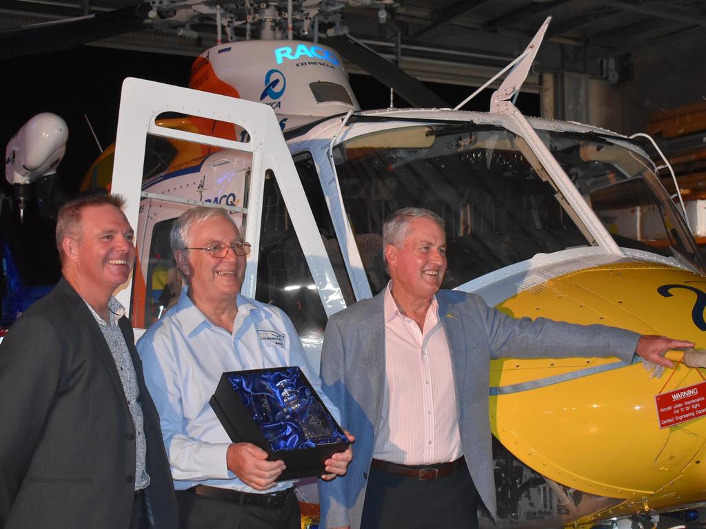 RACQ CQ Rescue board chairman Chris Wright, director Dr Peter Bastable, director and Mackay mayor Greg Williamson at RACQ CQ Rescue's silver jubilee celebrations on Friday, April 9, 2021. Picture: Tara Miko