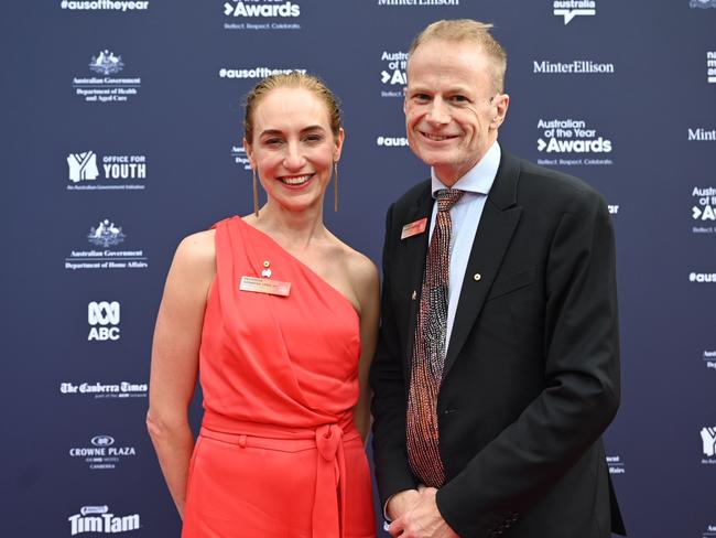 Professor Georgina Long and Professor Richard Scolyer on the red carpet arriving at The Australian of the Year Awards. Picture: NCA NewsWire/Martin Ollman