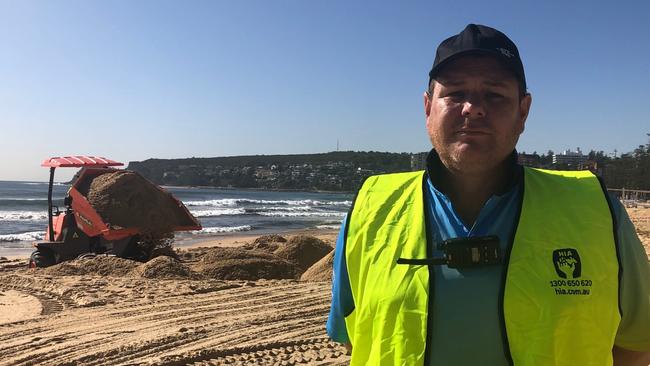 Trent Clarke, events manager for Volleyball Australia at Manly Beach. Contractors have been brought in to build up beach for volleyball tournament after half of it was washed away. Picture: Julie Cross