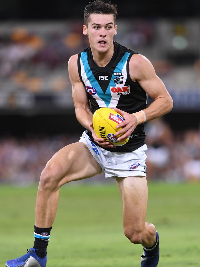 Connor Rozee kicked five goals in his third game of AFL footy on Saturday night and was equally as impressive with his pace around the contest. Picture: Dave Hunt (AAP).