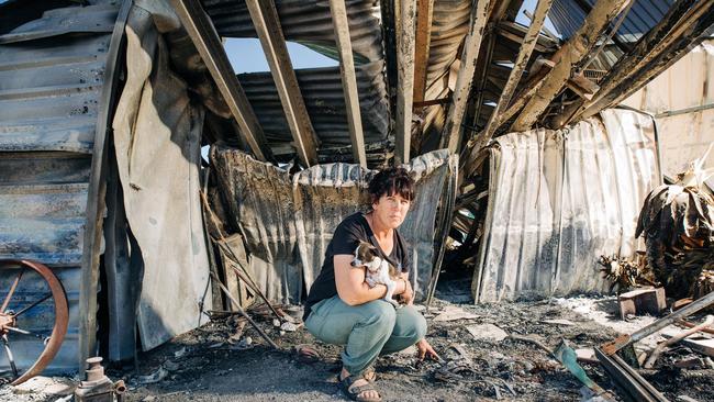 Teena Waters at her damaged property "Top Dog Boutique" in Port Lincoln, which was ravaged by fire on February 16. Picture: Robert Lang