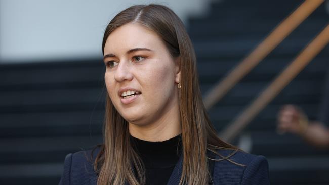 Brittany Higgins pictured speaking to media after a meeting with Prime Minister Scott Morrison on April 30, 2021. Picture: Damian Shaw/NCA NewsWire