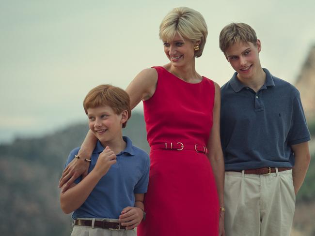 Fflyn Edwards (young Prince Harry), Elizabeth Debicki (Princess Diana) and Rufus Kampa (young Prince William). Picture: Netflix