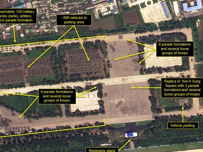 This Aug. 22, 2018, satellite image provided by Planet/38 North shows the Mirim Parade Training Ground with approximately 120 military vehicles in parade formation and groups of troops practicing on the roads and in a replica of Kim Il Sung Square. As nuclear talks with United States stall, North Korea is preparing to hold a big military parade on Sunday, Sept. 9, 2018, the 70th anniversary of the countryâ€™s founding. Satellite photos indicate troops have been practicing for weeks at a mockup of Pyongyangâ€™s Kim Il Sung Square. (Planet/38 North via AP)