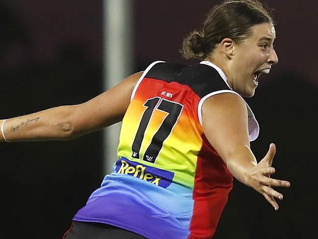 MELBOURNE, AUSTRALIA - FEBRUARY 21: Caitlin Greiser of the Saints celebrates a goal during the 2020 AFLW Round 03 match between the St Kilda Saints and the Melbourne Demons at RSEA Park on February 21, 2020 in Melbourne, Australia. (Photo by Dylan Burns/AFL Photos via Getty Images)