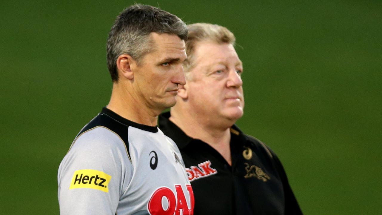 Panther's coach Ivan Cleary and Phil Gould. Picture Gregg Porteous