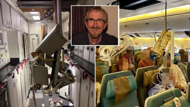 The victim, Geoff Kitchen, 73, and the inside of the Singapore Airlines Boeing 777-300ER which fell 6000 ft in just five minutes, 11 hours out from London and nearing its destination of Singapore.