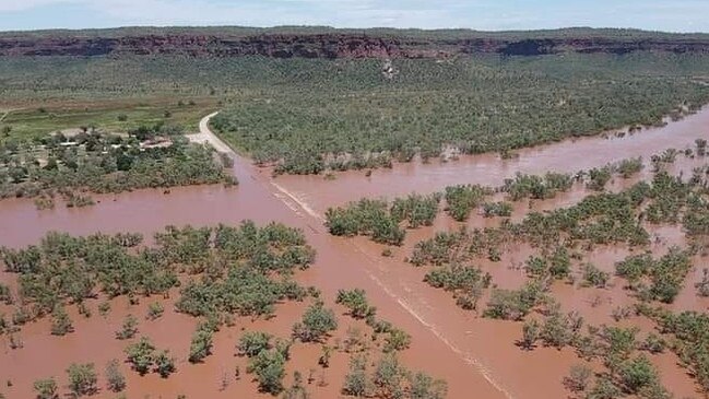 Aerial photos of the Vic River Roadhouse during the March 2023 floods of the Victoria River. Photo: Katherine Times.